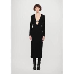 Staud Murphy Plunging V Neck Midi Dress in Black XS